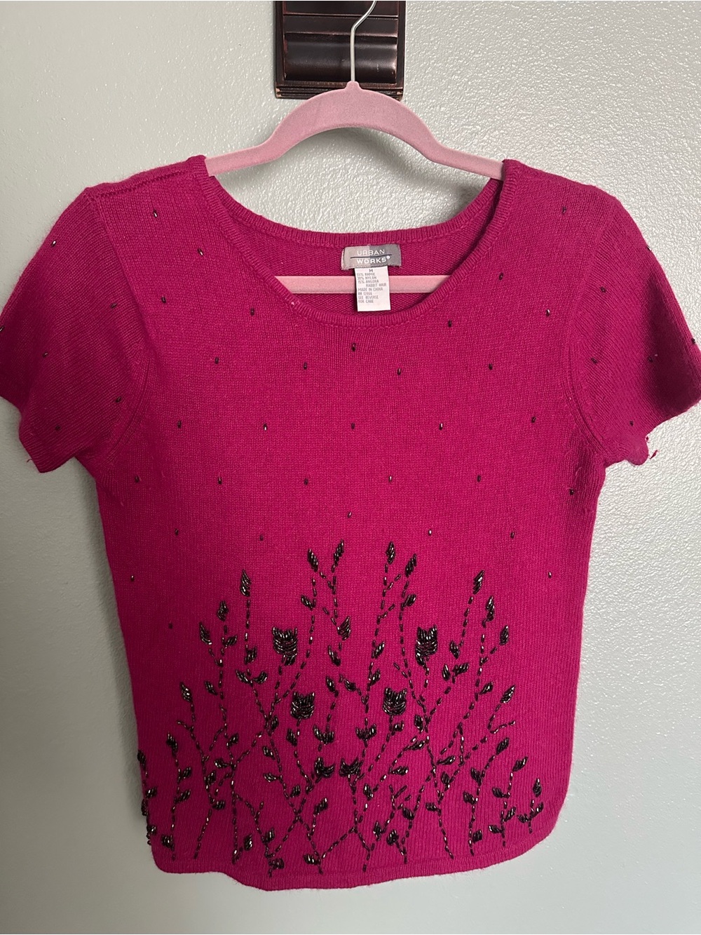 Fuchsia Short Sleeve Beaded Knit Top